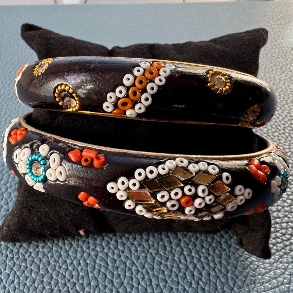 Vintage Black Bead Mosaic Wood Bangle Bracelets - Made in India